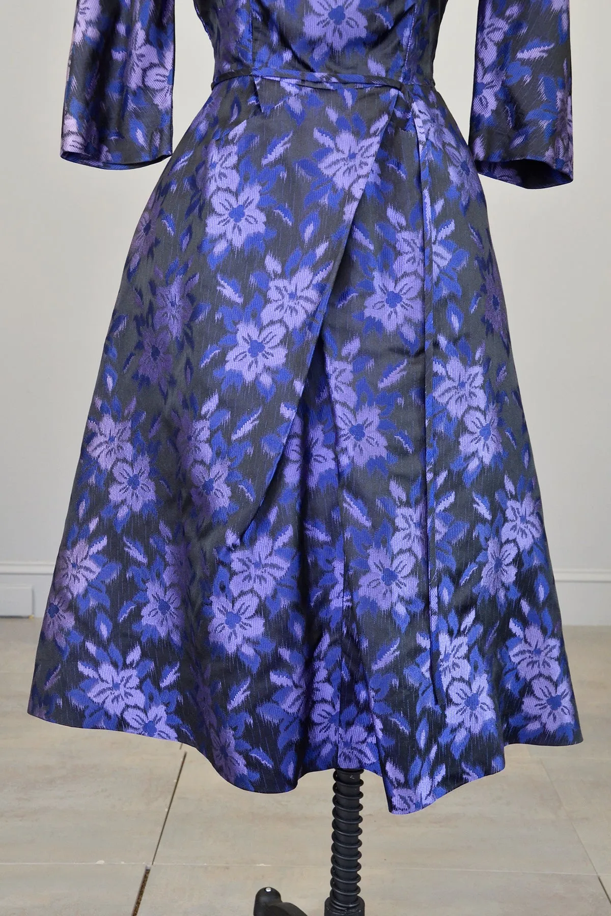 1950s 60s Black Purple Floral Print Office Party Dress