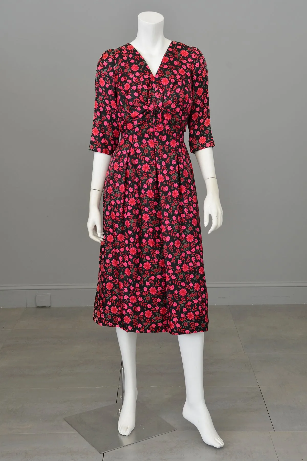 1960s Black Pink Floral Gathered Front Cocktail Dress