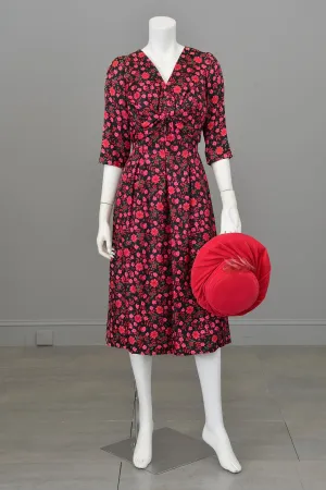 1960s Black Pink Floral Gathered Front Cocktail Dress