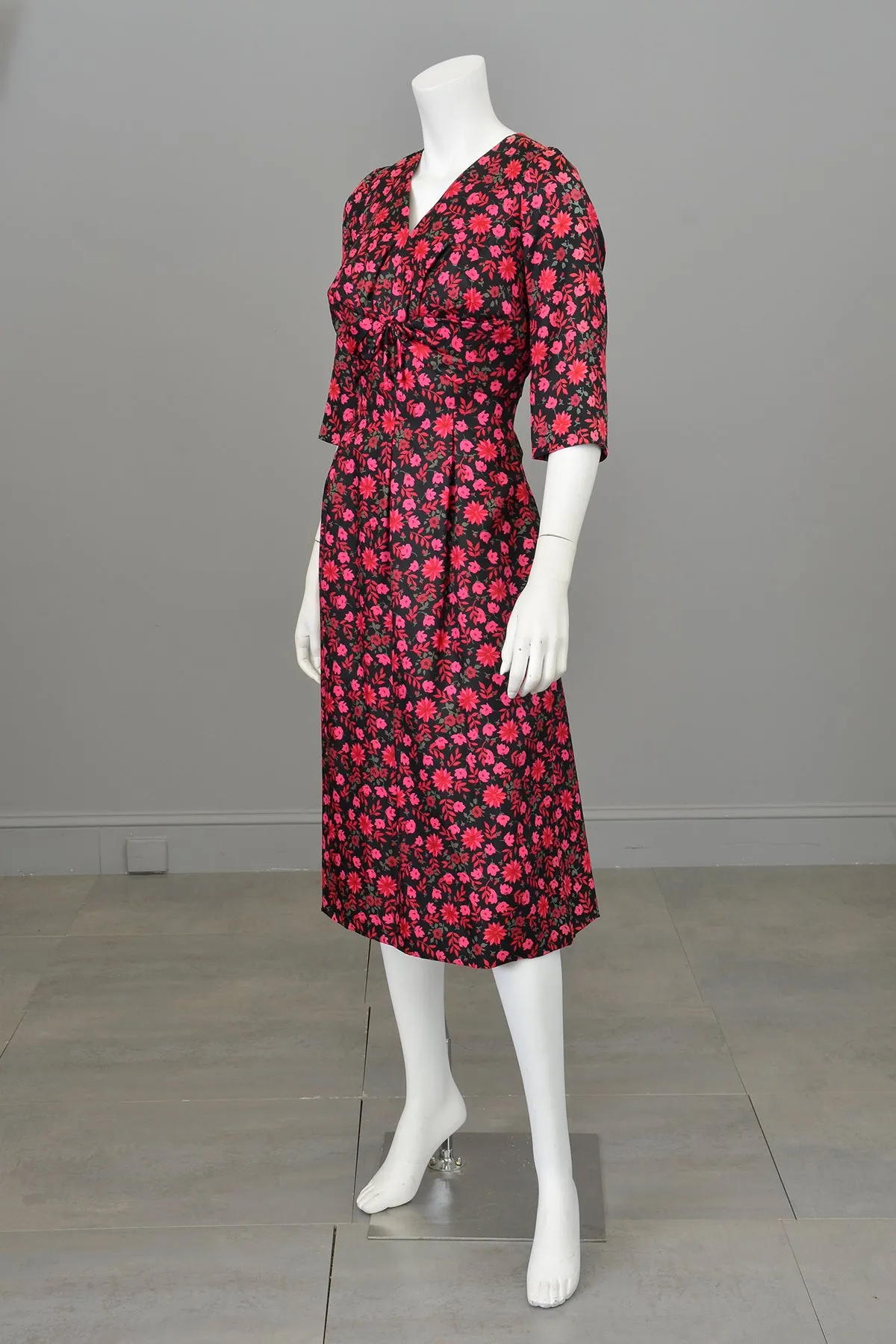 1960s Black Pink Floral Gathered Front Cocktail Dress