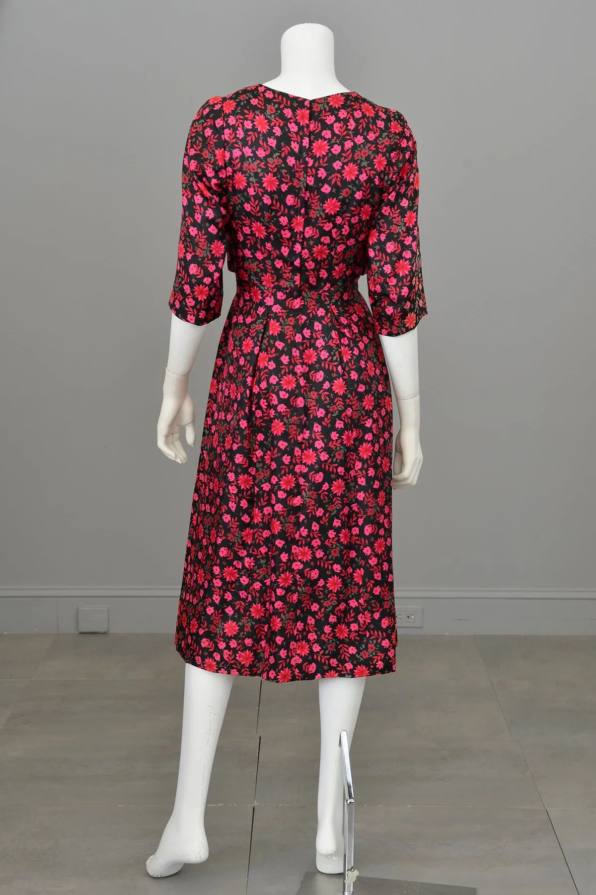 1960s Black Pink Floral Gathered Front Cocktail Dress