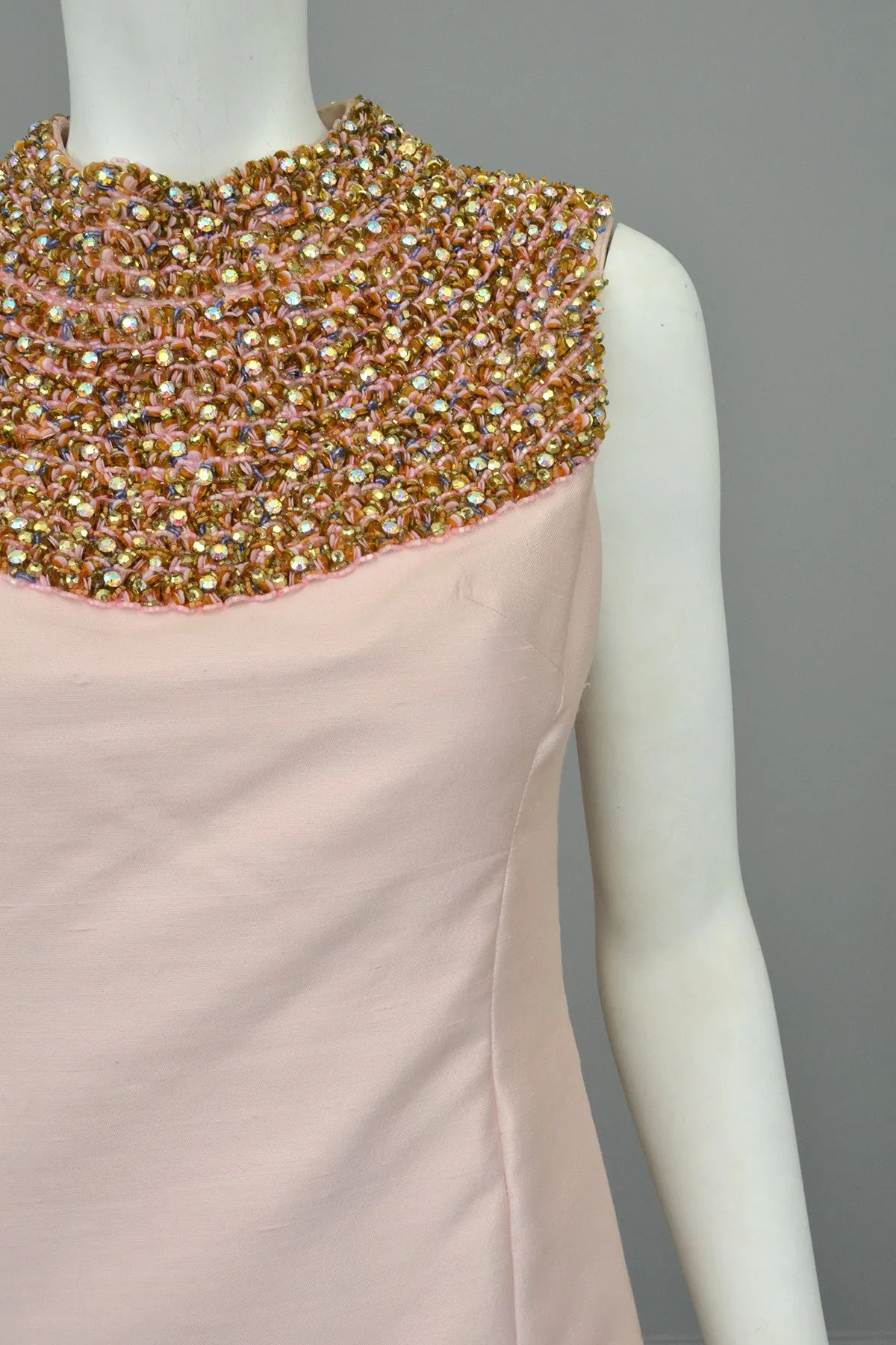 1960s Pink Silk blend Beaded Egyptian Revival Mini Dress