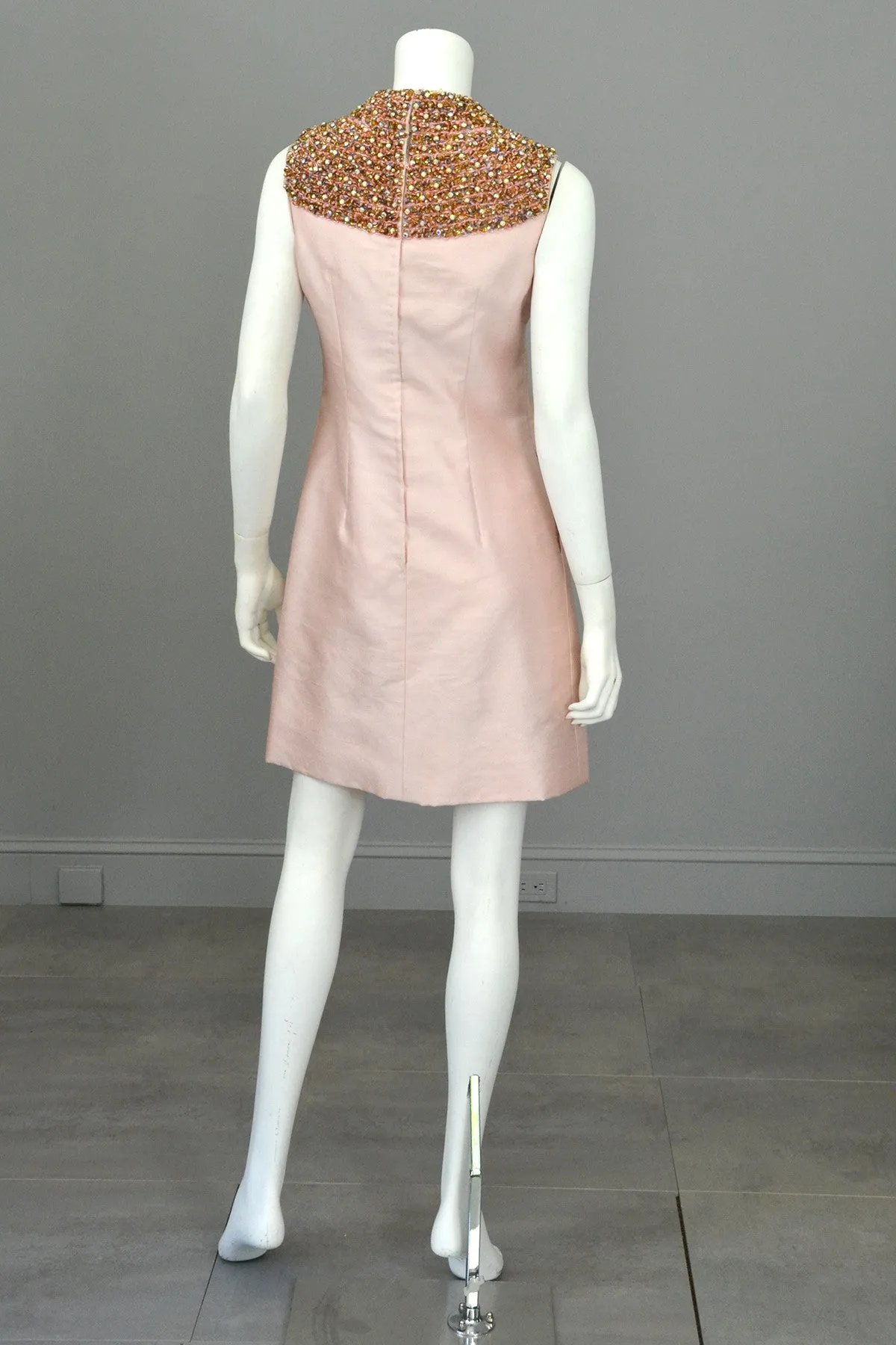 1960s Pink Silk blend Beaded Egyptian Revival Mini Dress