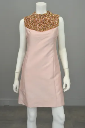 1960s Pink Silk blend Beaded Egyptian Revival Mini Dress