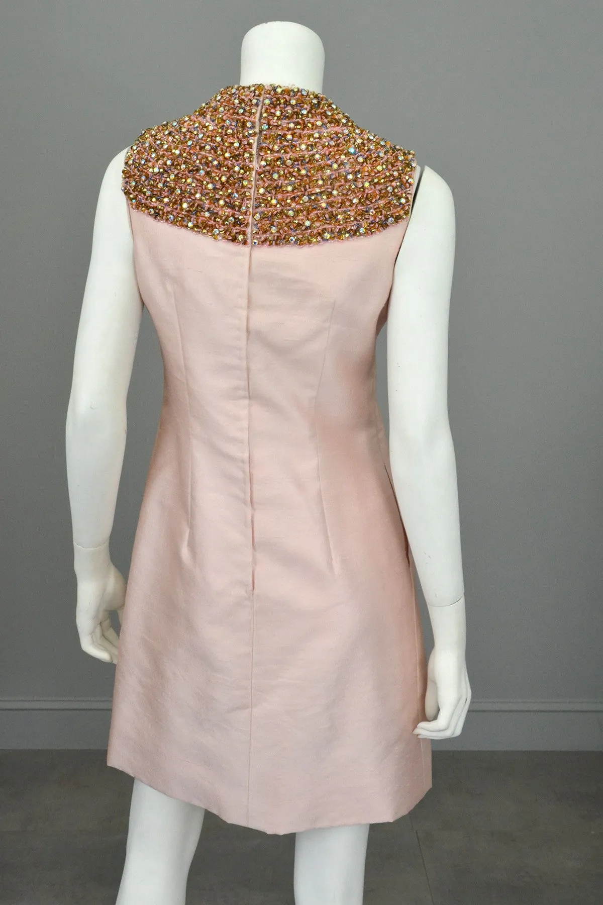 1960s Pink Silk blend Beaded Egyptian Revival Mini Dress