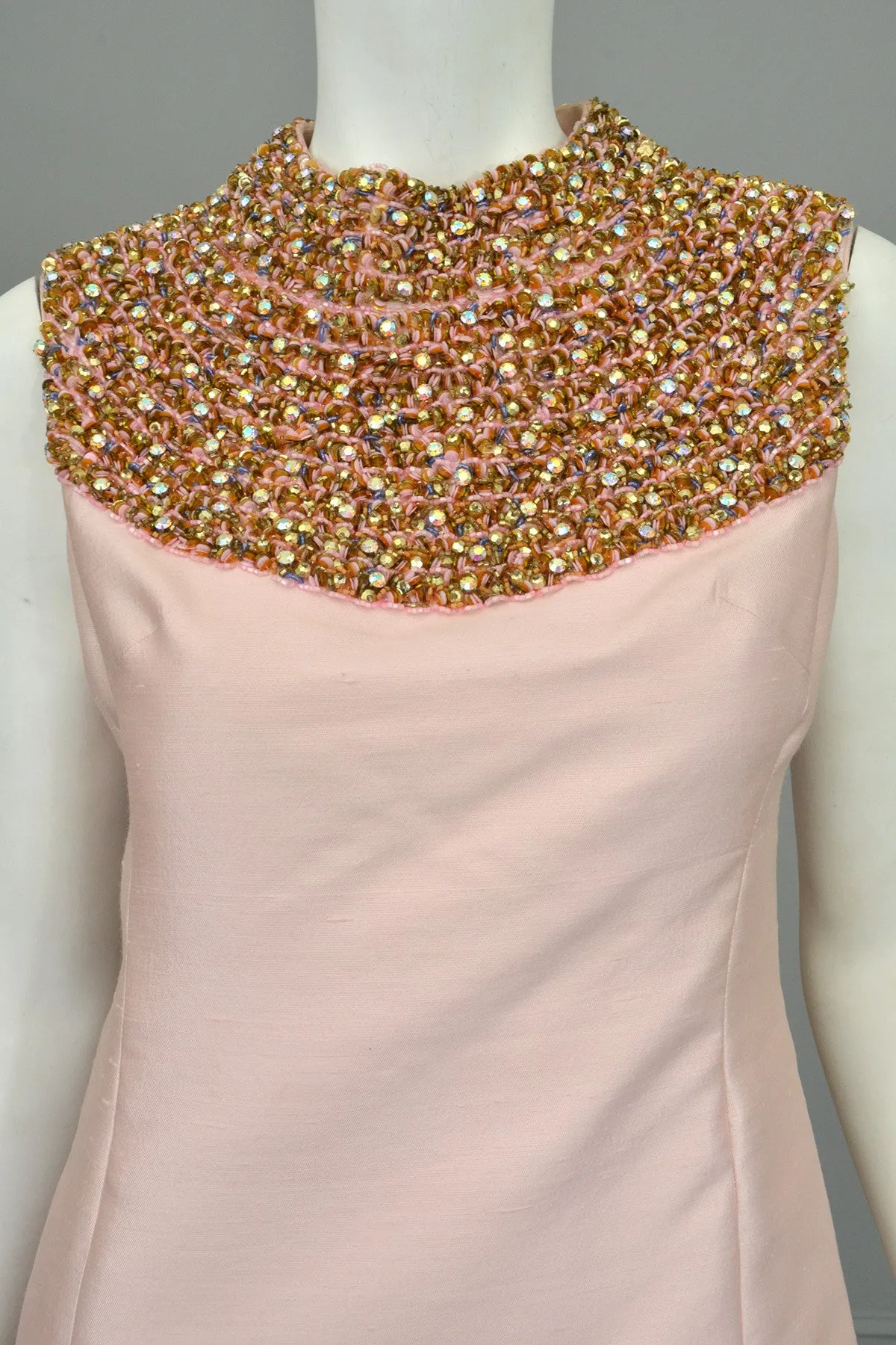 1960s Pink Silk blend Beaded Egyptian Revival Mini Dress