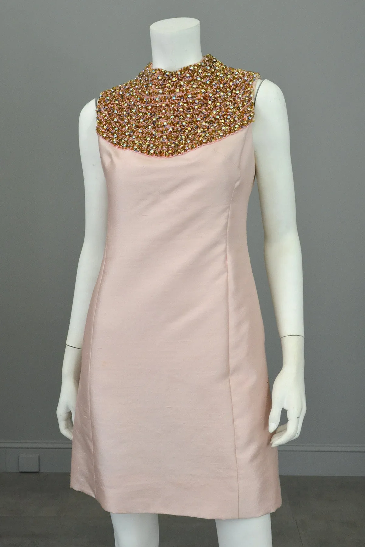 1960s Pink Silk blend Beaded Egyptian Revival Mini Dress