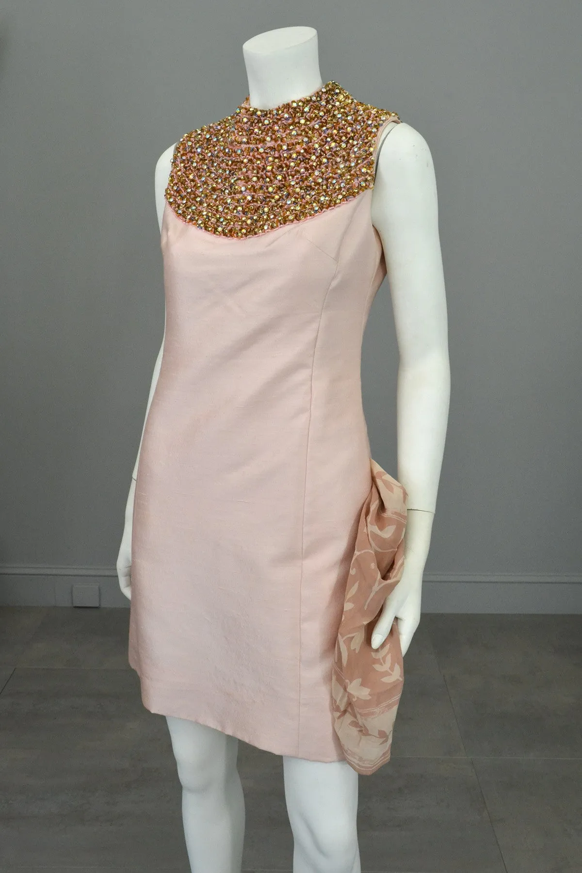 1960s Pink Silk blend Beaded Egyptian Revival Mini Dress