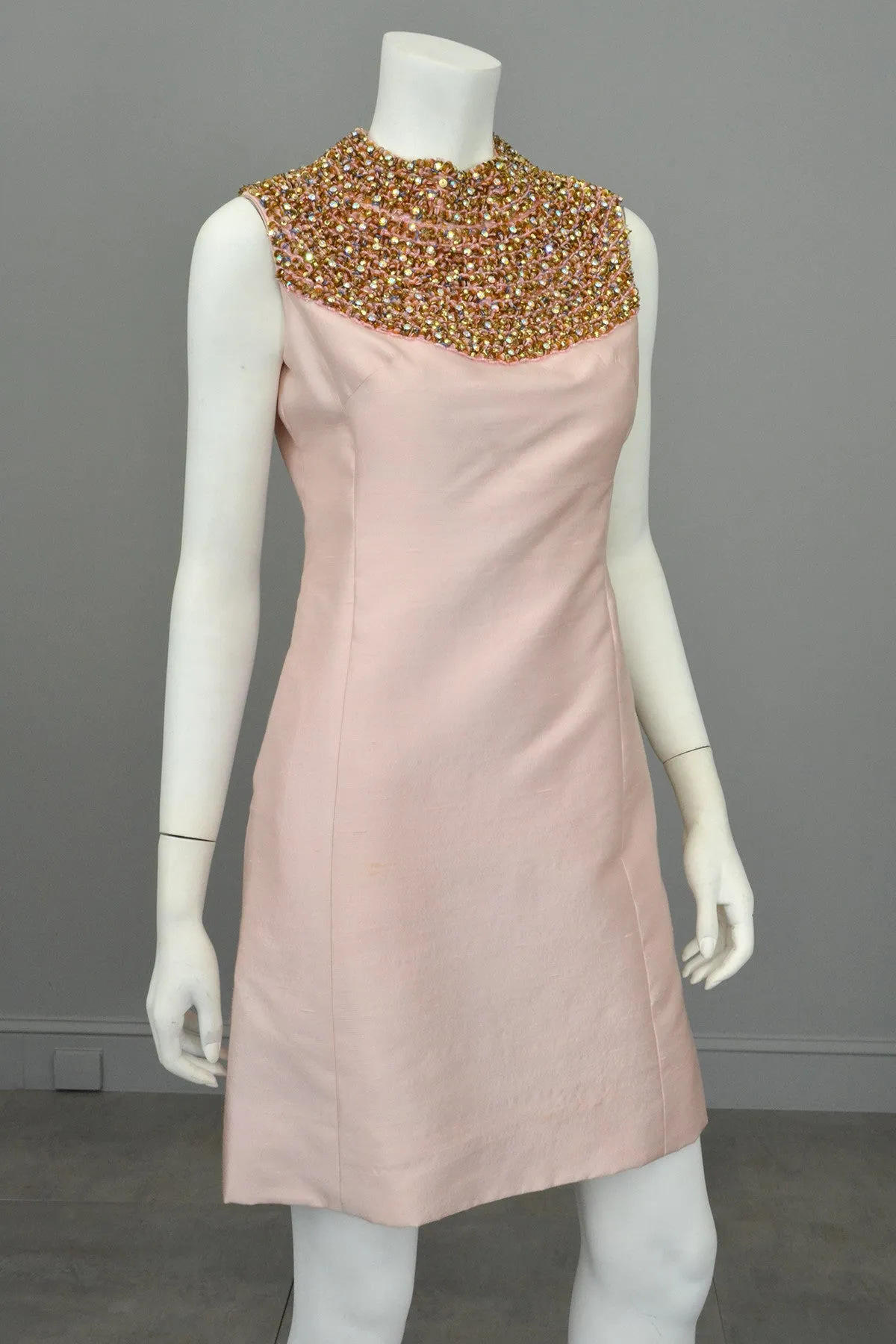 1960s Pink Silk blend Beaded Egyptian Revival Mini Dress