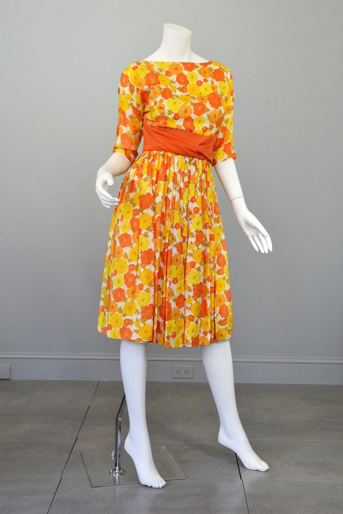 1960s Sunshine Yellow and Orange Retro Flower Print Vintage Party Dress Mad Men