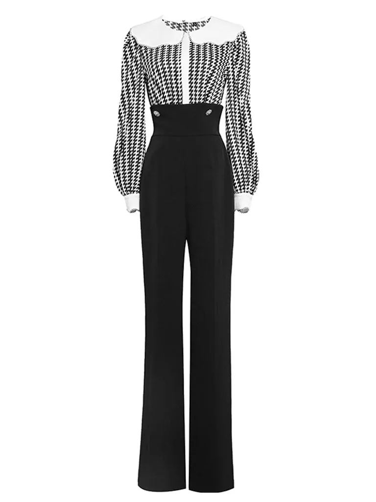 2PS Black Print Long Sleeve Rhinestone Top With High Waist Wide Leg Pants Suit