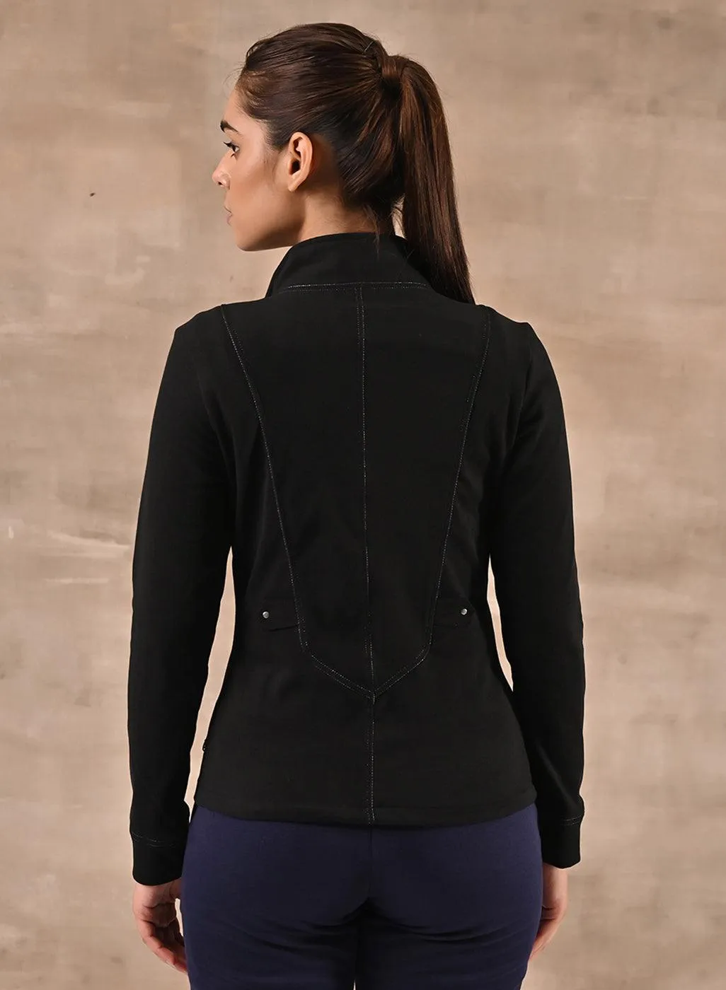 Black High Neck Jacket with Zipper & Pockets