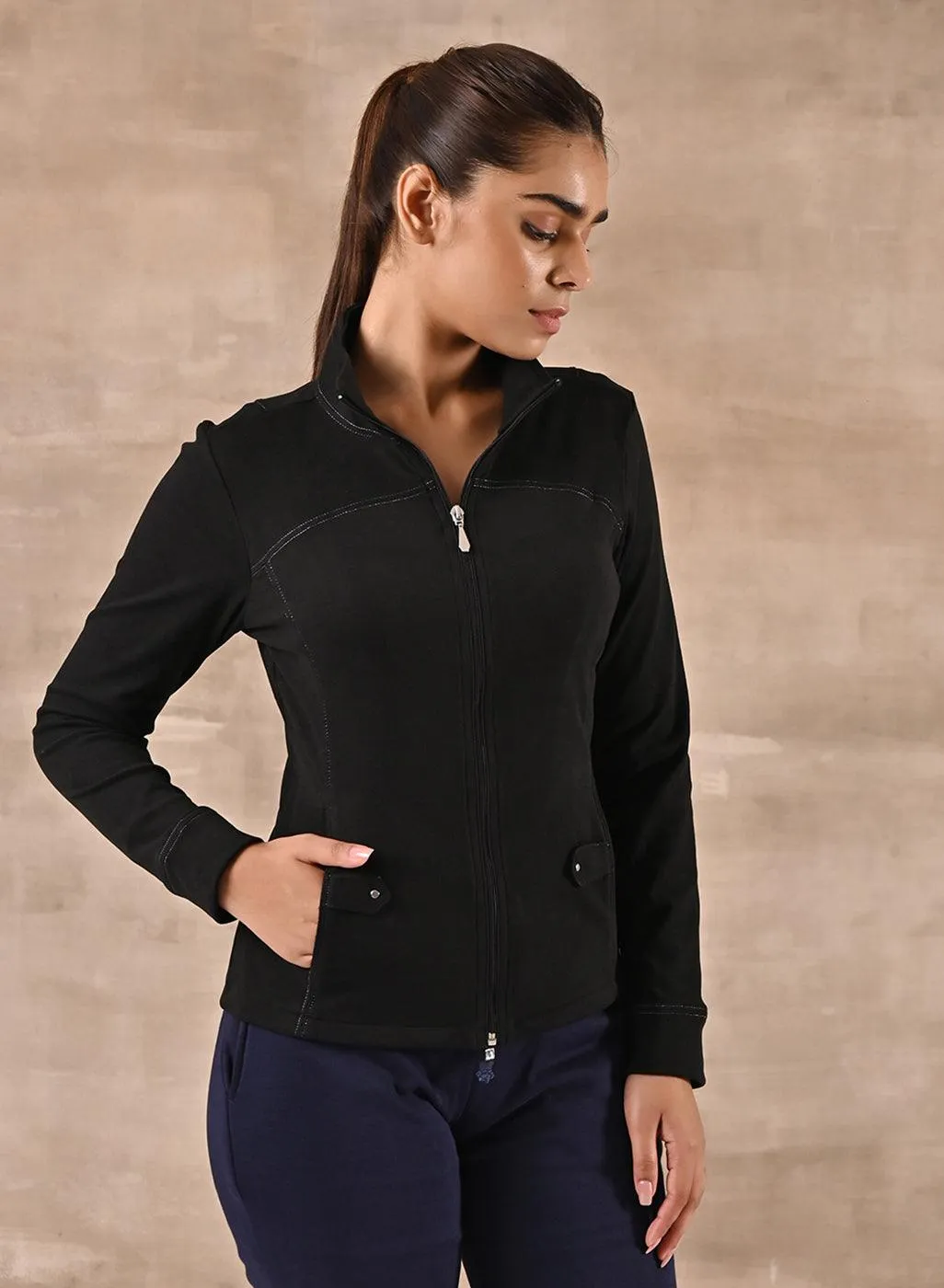 Black High Neck Jacket with Zipper & Pockets