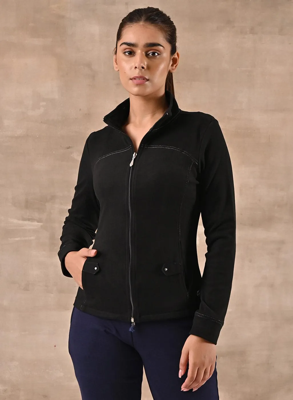 Black High Neck Jacket with Zipper & Pockets