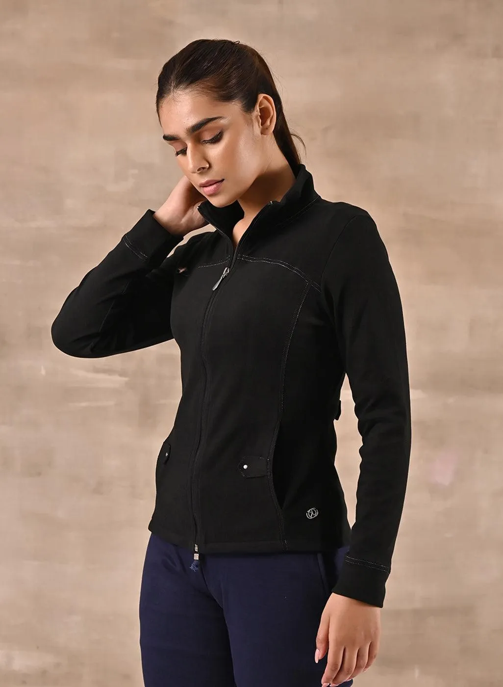 Black High Neck Jacket with Zipper & Pockets