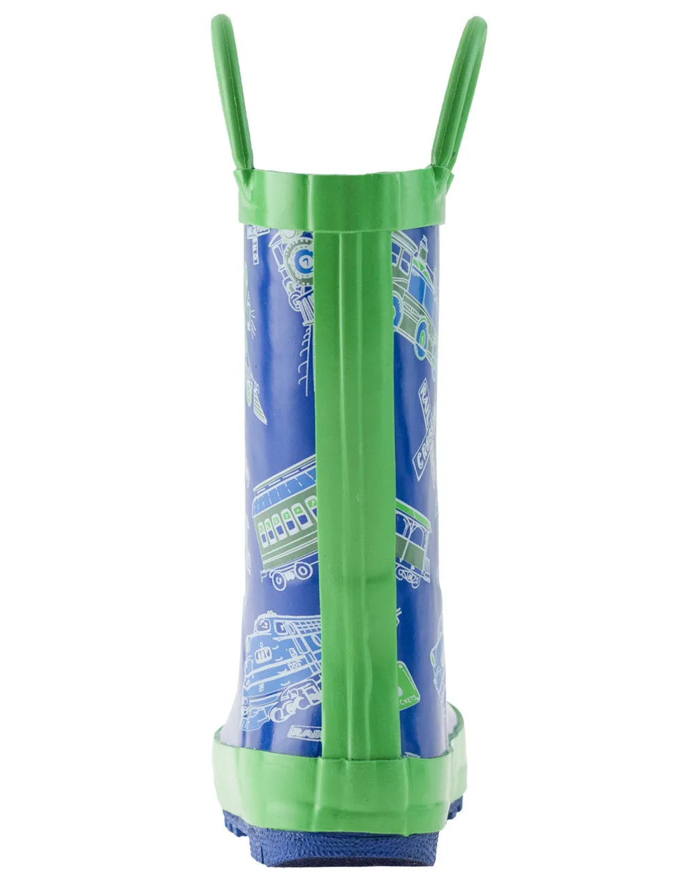 Blue & Green Trains Loop Handle Rubber Rain Boots