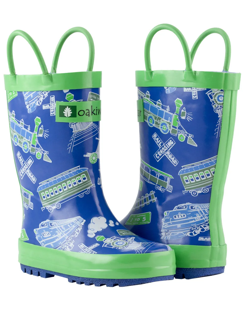 Blue & Green Trains Loop Handle Rubber Rain Boots