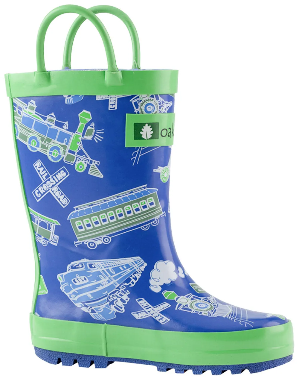 Blue & Green Trains Loop Handle Rubber Rain Boots