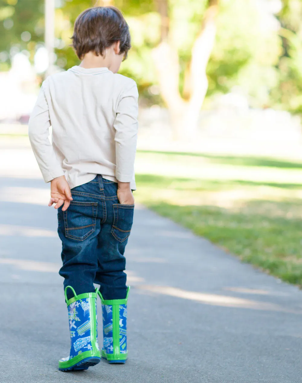 Blue & Green Trains Loop Handle Rubber Rain Boots