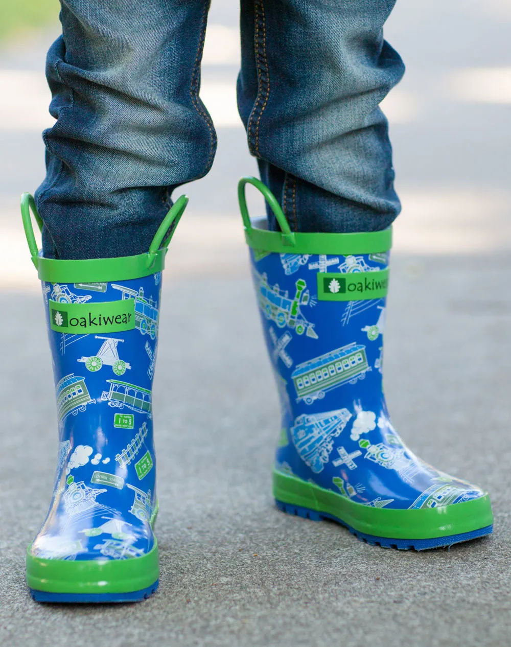 Blue & Green Trains Loop Handle Rubber Rain Boots