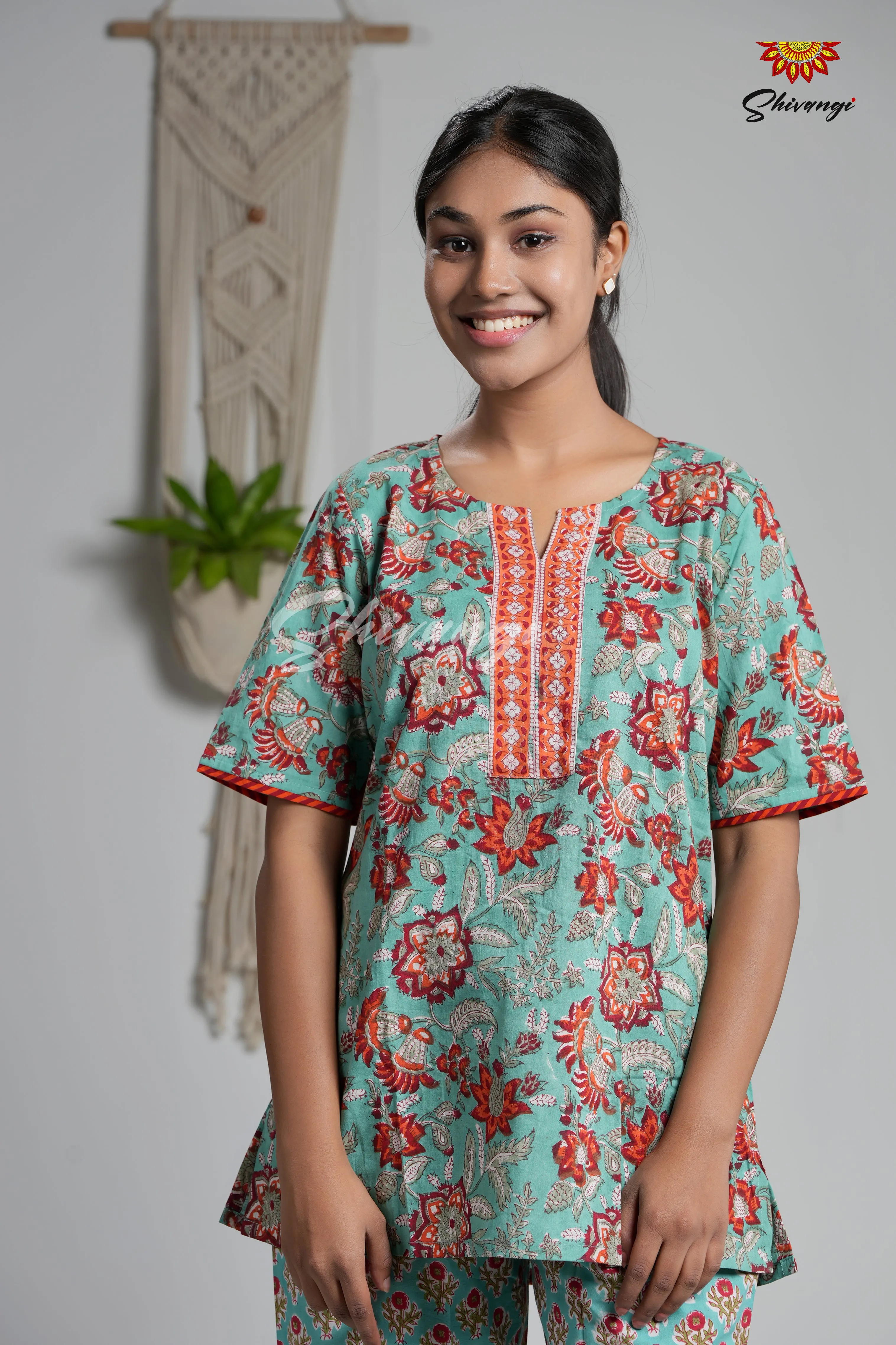 Blue floral Cotton Night Wear Set For Women