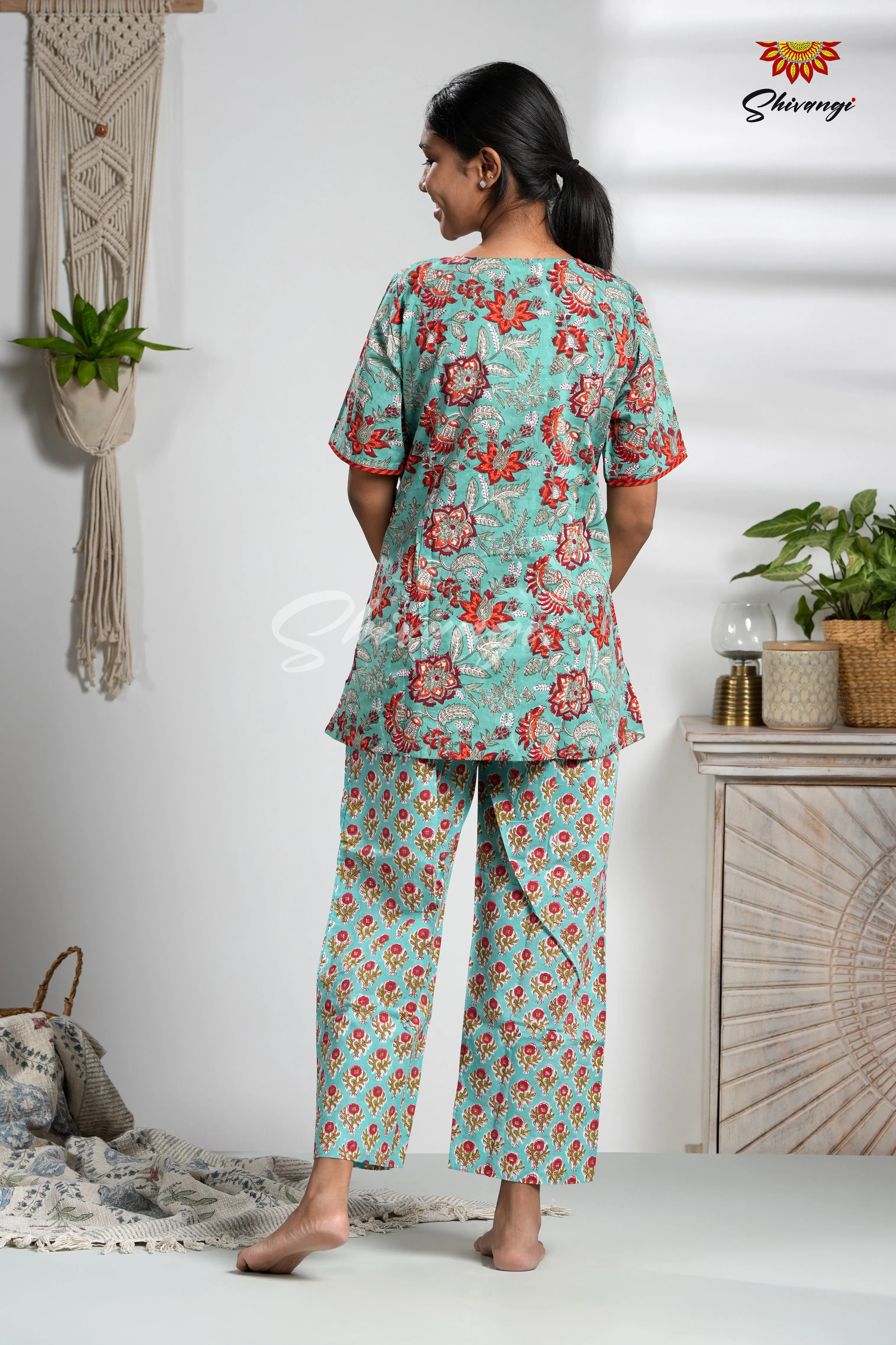 Blue floral Cotton Night Wear Set For Women