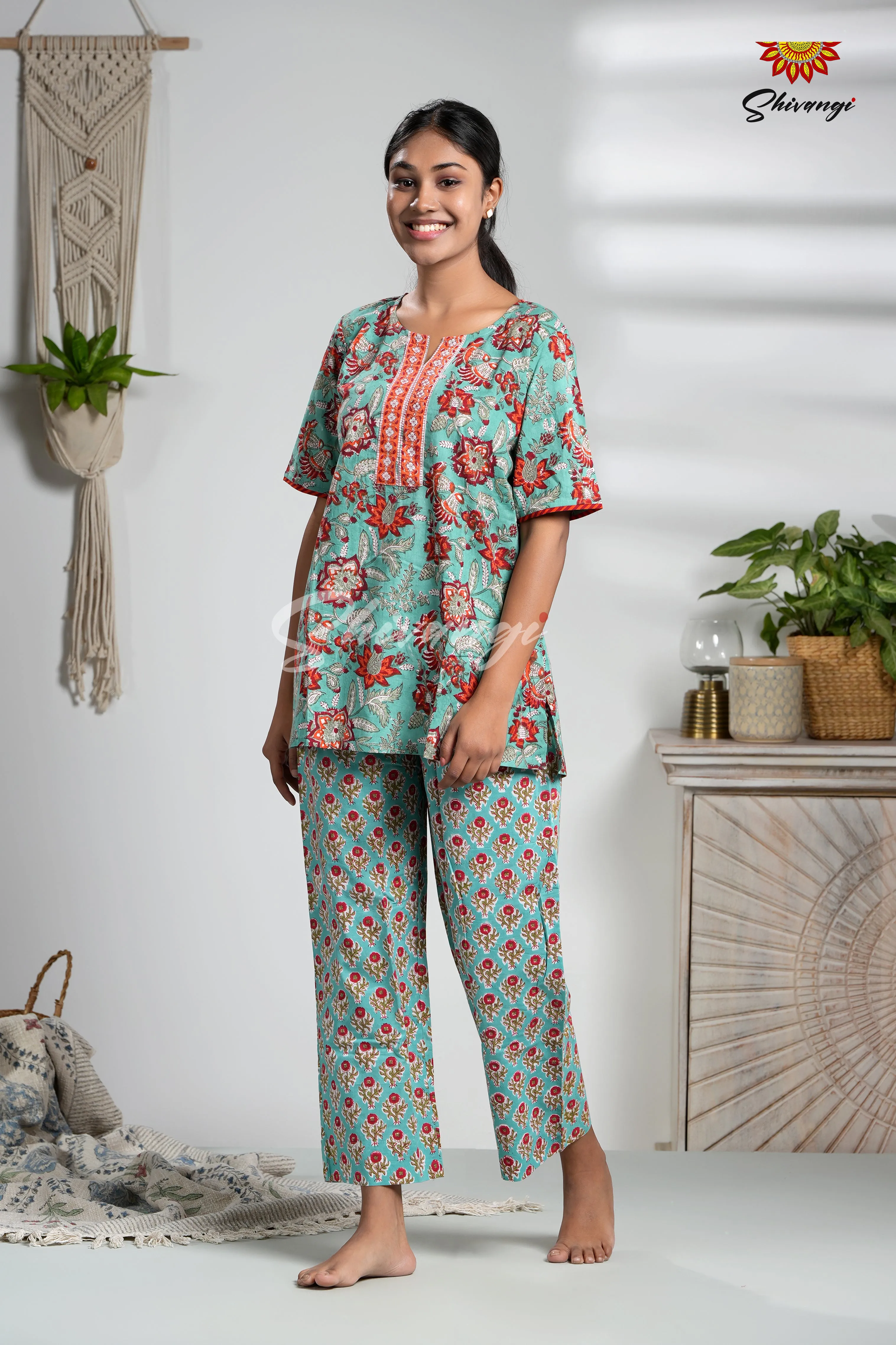 Blue floral Cotton Night Wear Set For Women