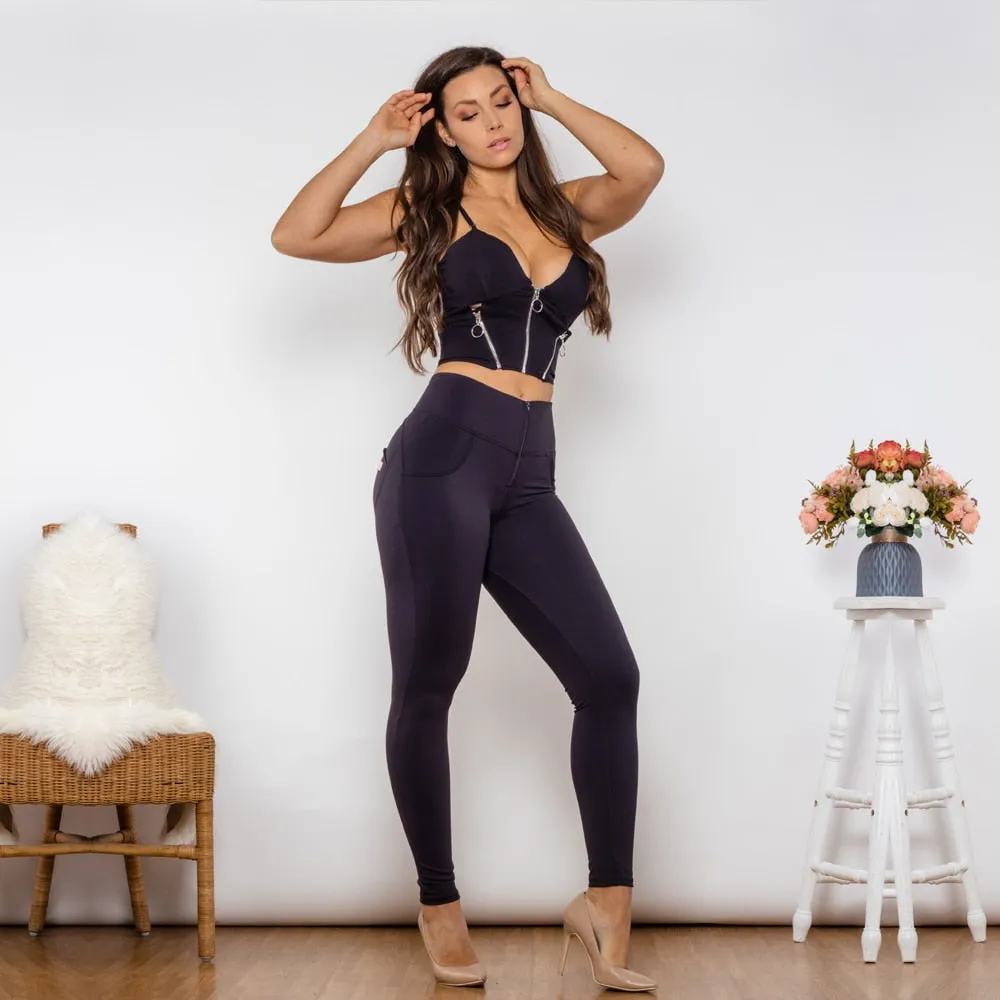 Body Shaper Set Black Cotton Set Zipper Tanks Crop Top High Waist Black Butt Lift Leggings Pant Sets