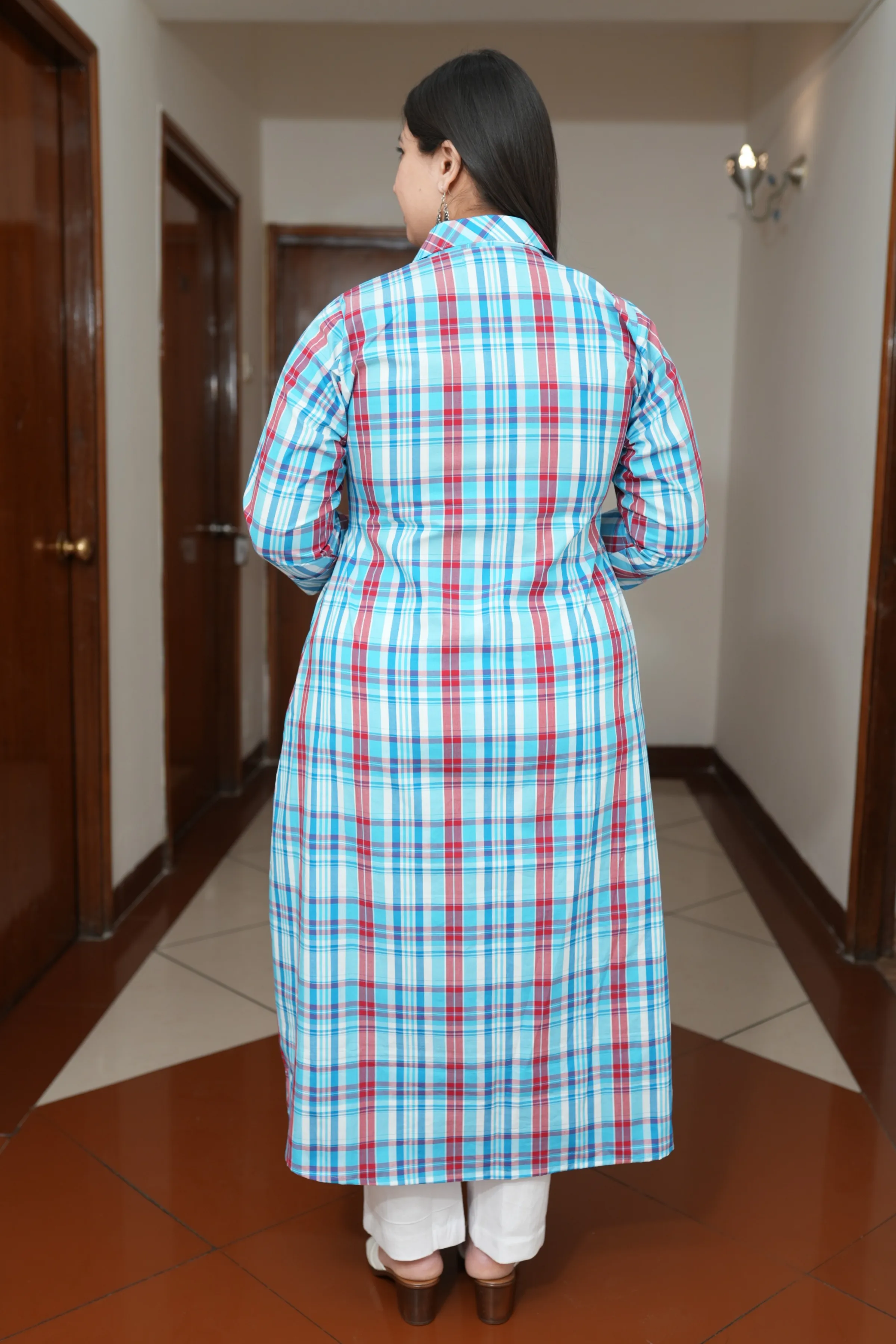 Classic Blue Checked A-Line Kurta