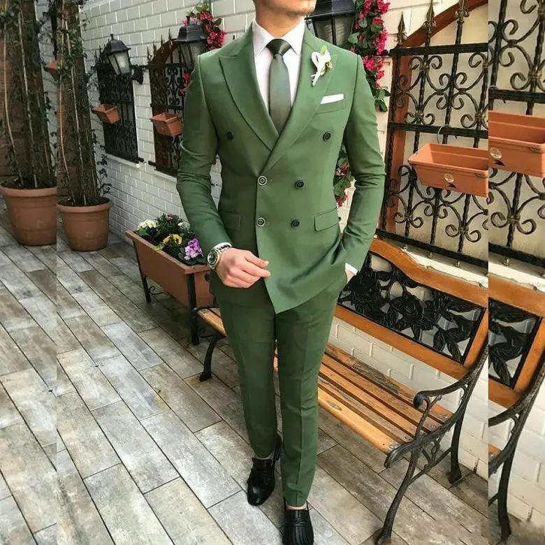 Classic Double-Breasted Olive Green Groom Tuxedos Peak Lapel Men Suits 2 pieces Wedding/Prom/Dinner Blazer (Jacket Pants Tie) W893