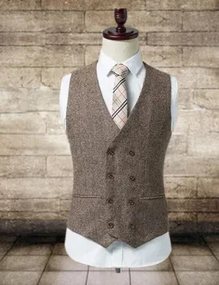 Country Style Wedding Groom Vests Wool Herringbone Tweed Vests Groomsmen Vest Mens Suit Vest Prom Blazers Waistcoat Plus Size