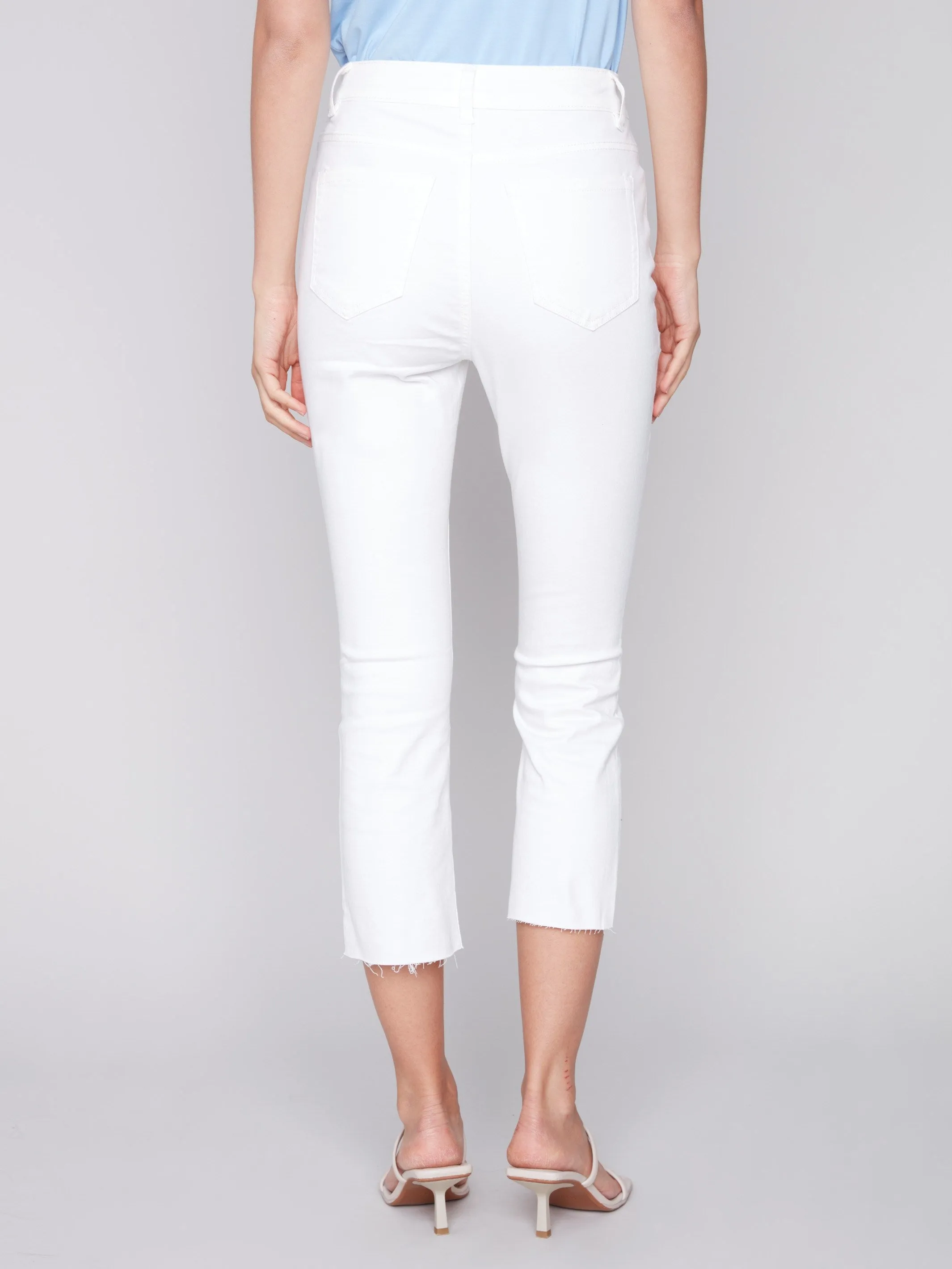 Cropped Bootcut Twill Pants with Asymmetrical Hem - White