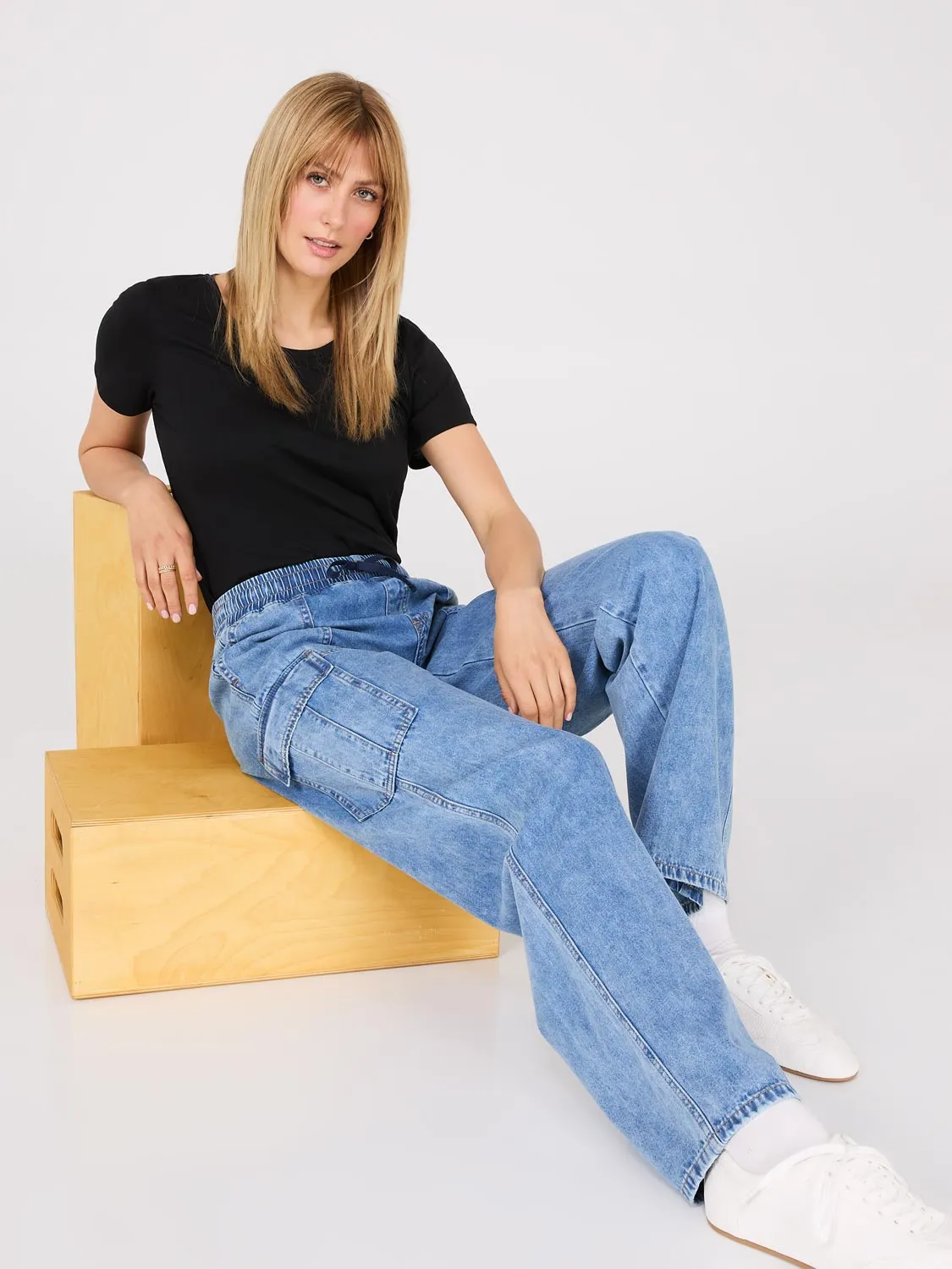 Denim Wide-Leg Cargo Pants