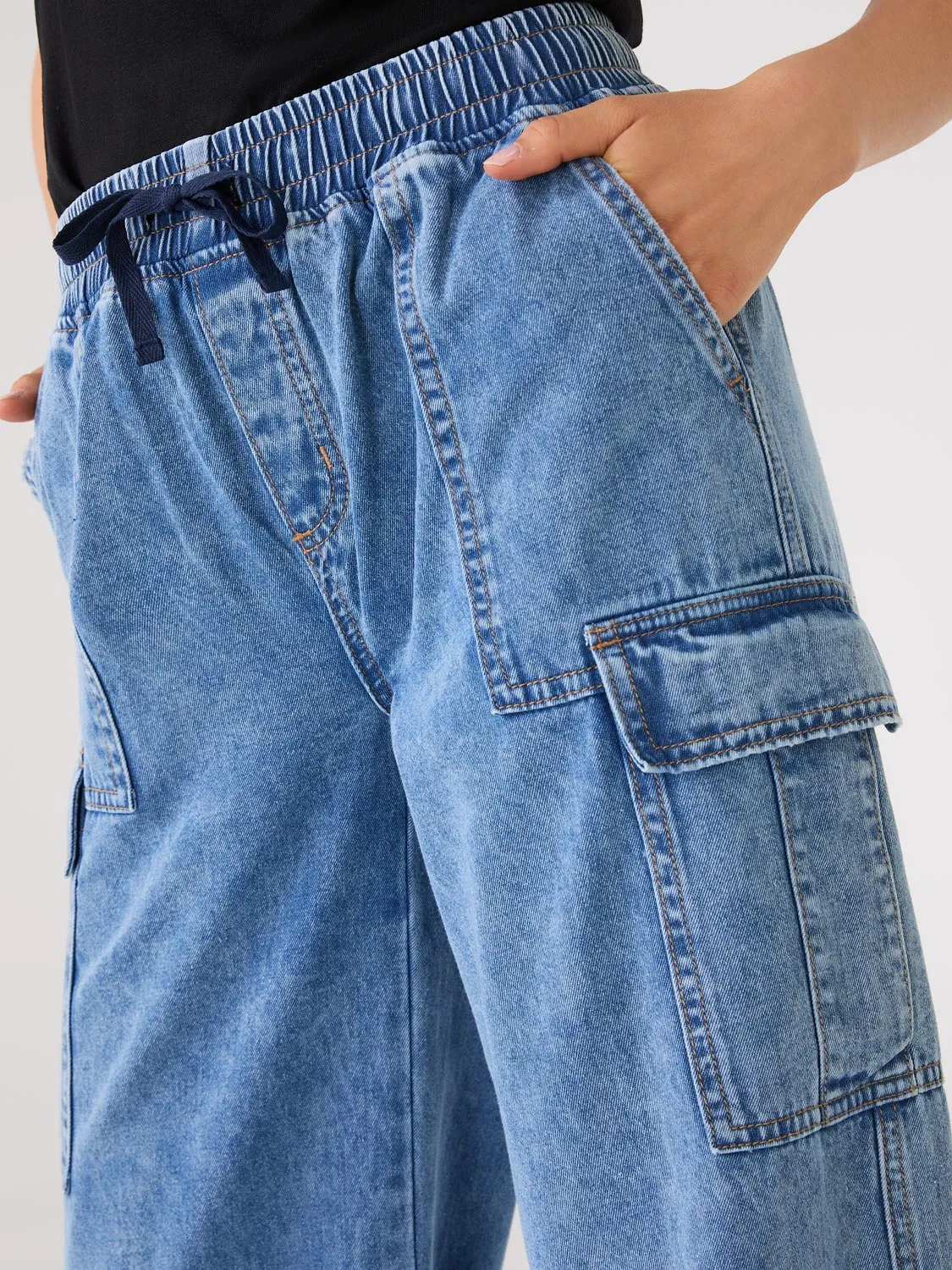 Denim Wide-Leg Cargo Pants