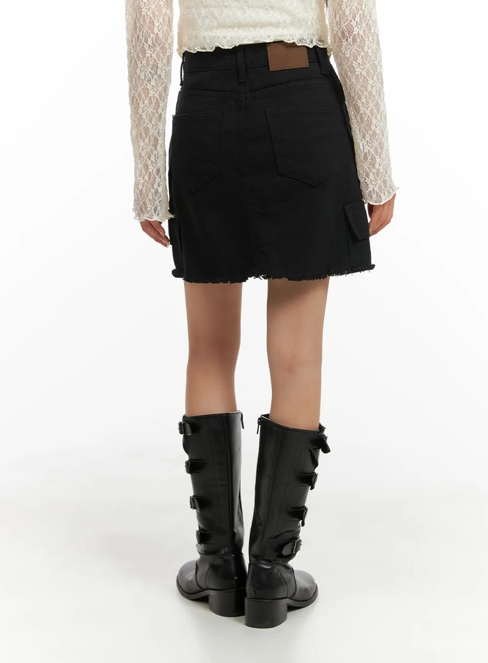 Destroyed Hem Denim Cargo Mini Skirt CM427