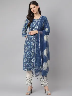 Divena Indigo Floral Cotton Kurta pant Set with Dupatta