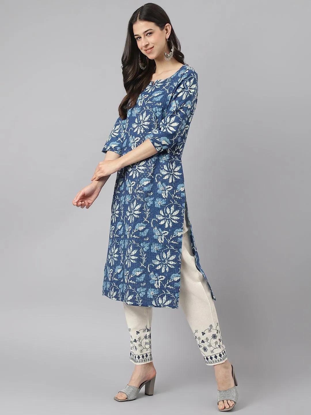 Divena Indigo Floral Cotton Kurta pant Set with Dupatta