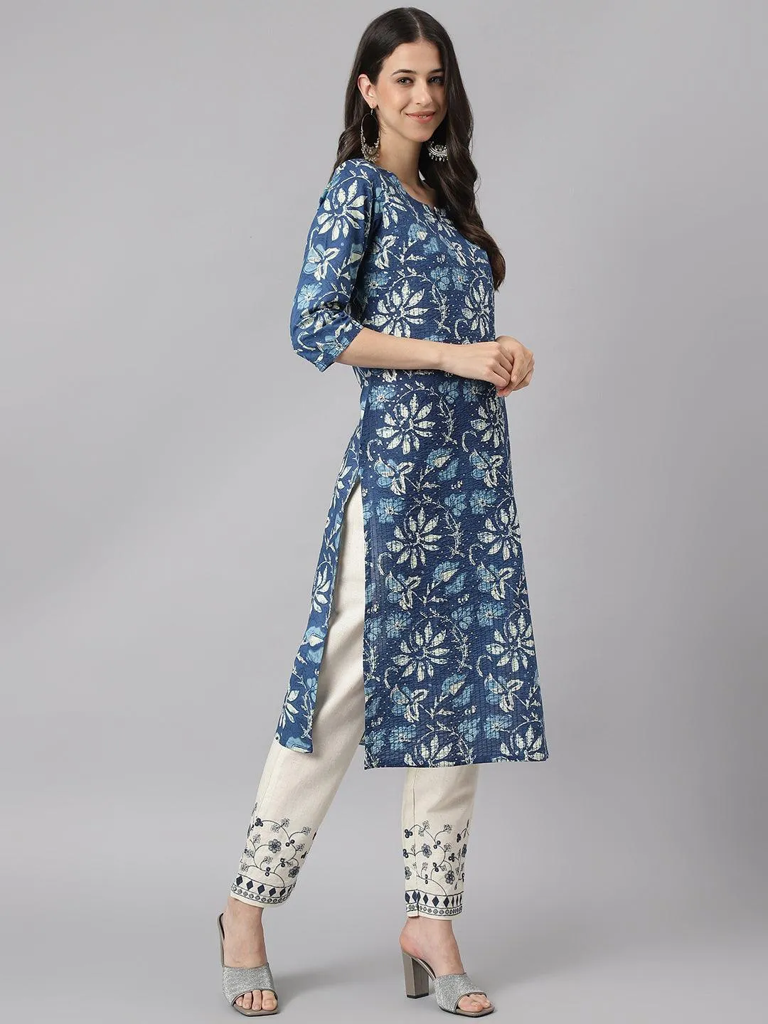 Divena Indigo Floral Cotton Kurta pant Set with Dupatta