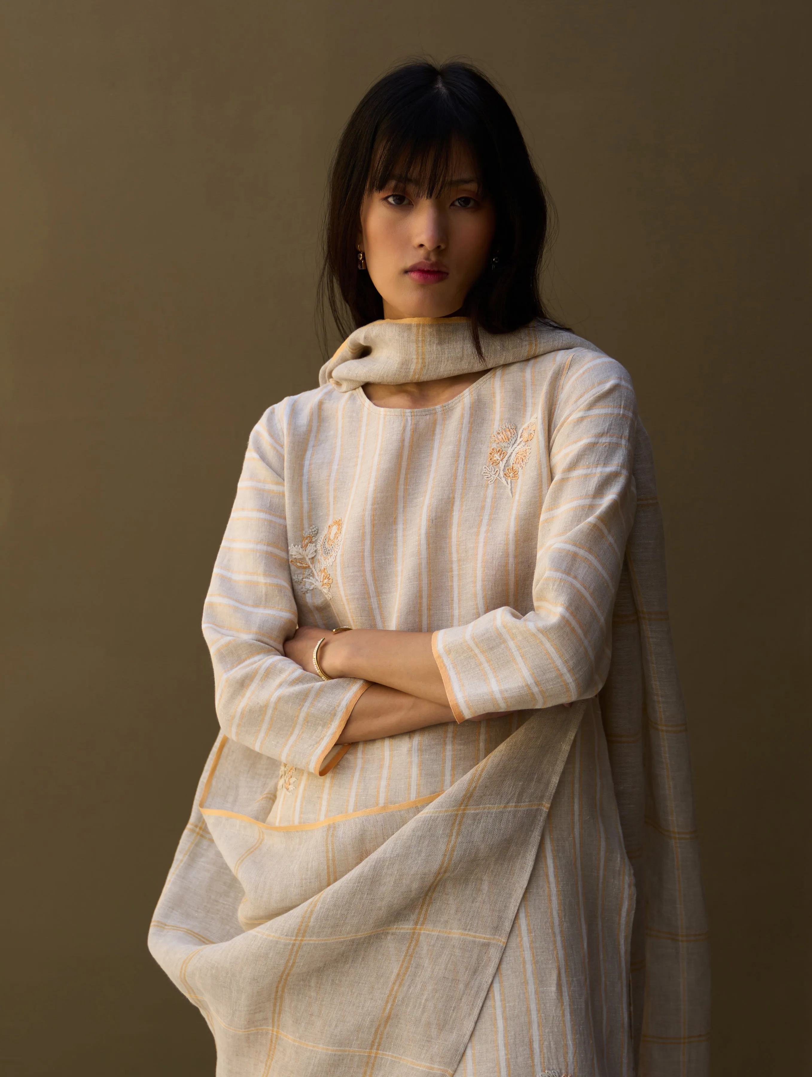 Eiko Striped Linen Kurta Set - Natural