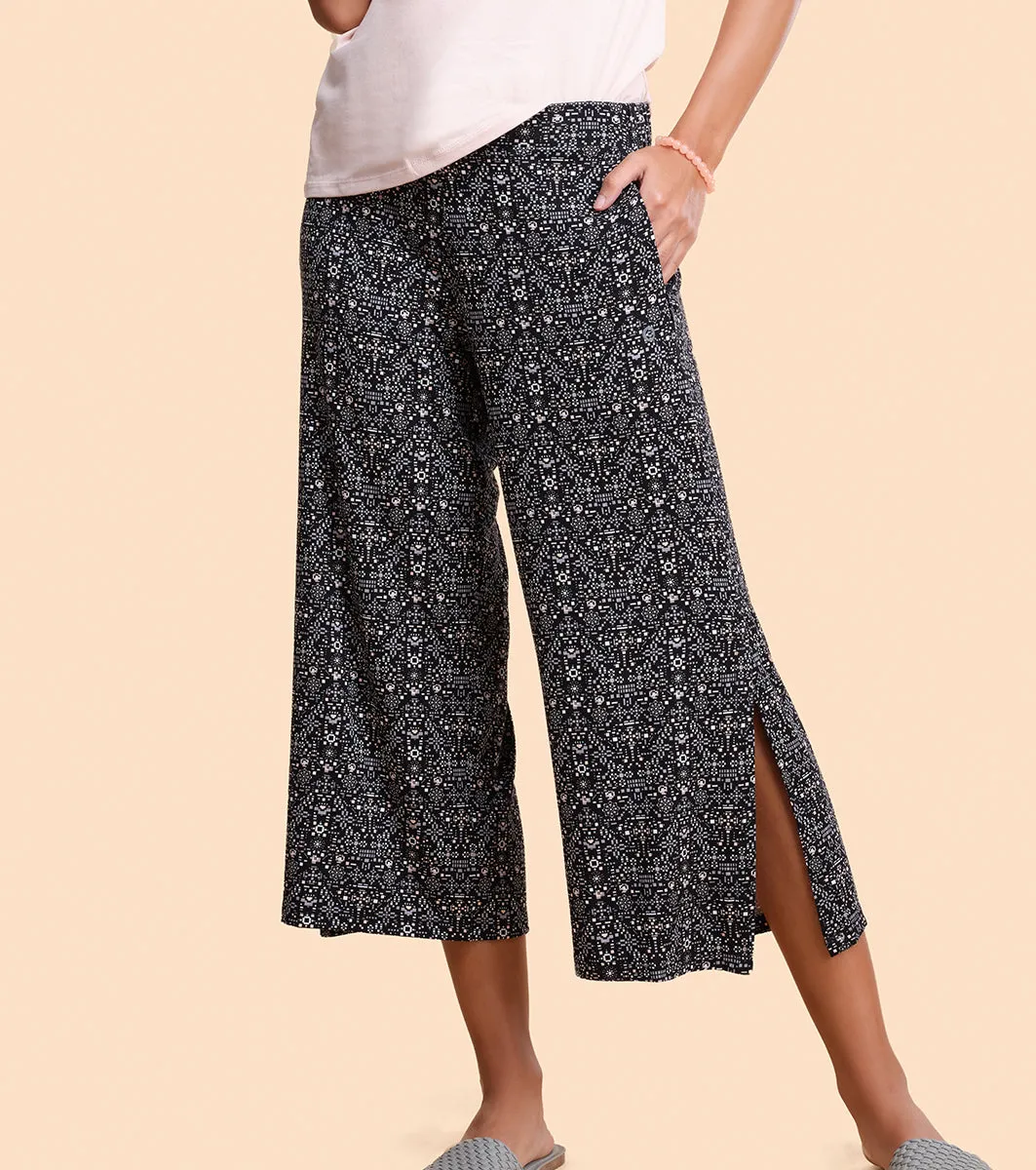 Enamor Culotte Pants For Women | Crop Length Culottes With Smart Side Slits | Black Pixie Aop