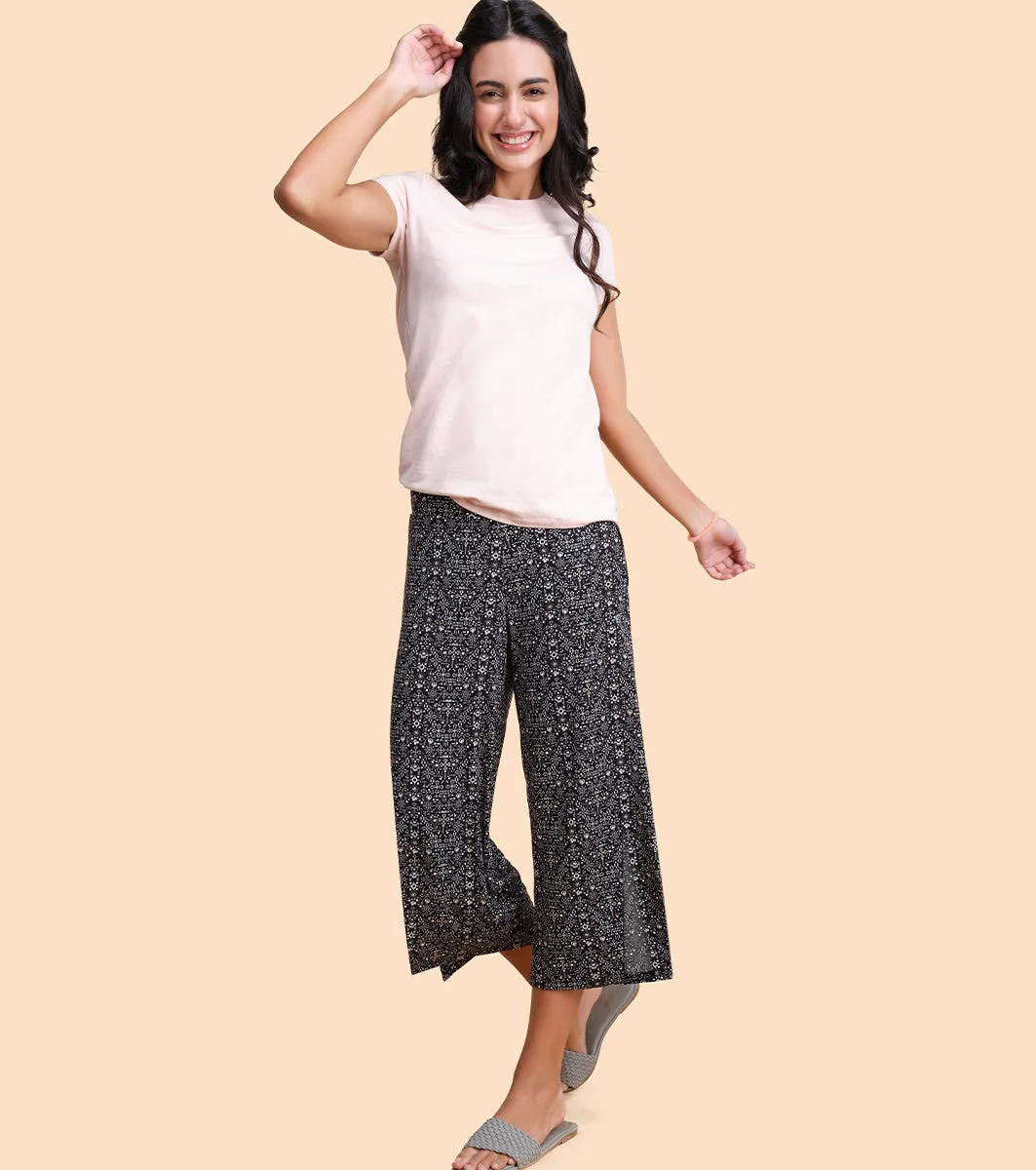 Enamor Culotte Pants For Women | Crop Length Culottes With Smart Side Slits | Black Pixie Aop