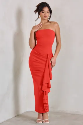 Fleur | Coral Bandeau Ruffle Maxi Dress