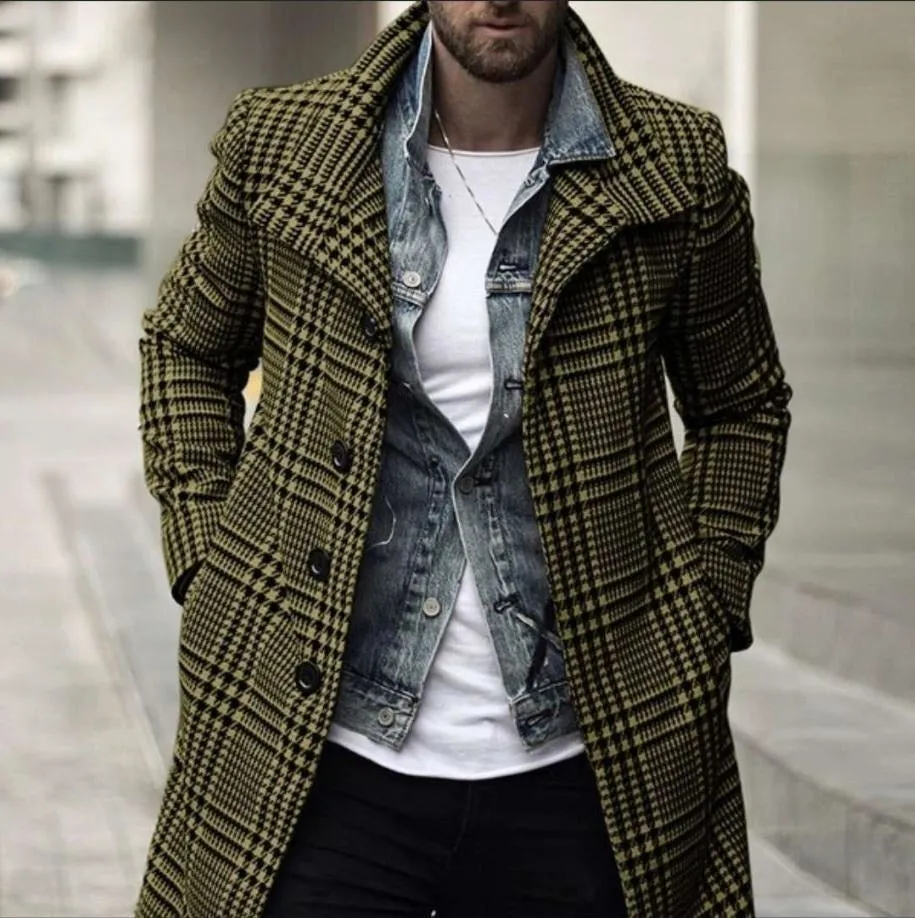 Foesce -Autumn Men's Fashion Plaid Windbreaker Casual Streetwear Overcoat Gentleman Luxury Trench Long Coat Manteau