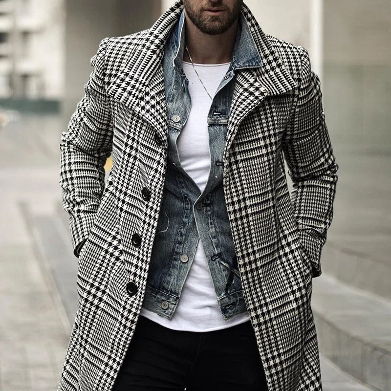 Foesce -Autumn Men's Fashion Plaid Windbreaker Casual Streetwear Overcoat Gentleman Luxury Trench Long Coat Manteau