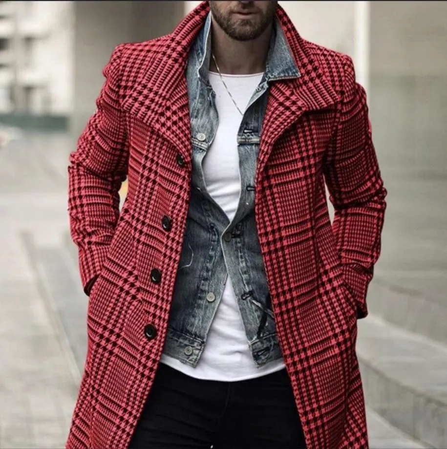 Foesce -Autumn Men's Fashion Plaid Windbreaker Casual Streetwear Overcoat Gentleman Luxury Trench Long Coat Manteau