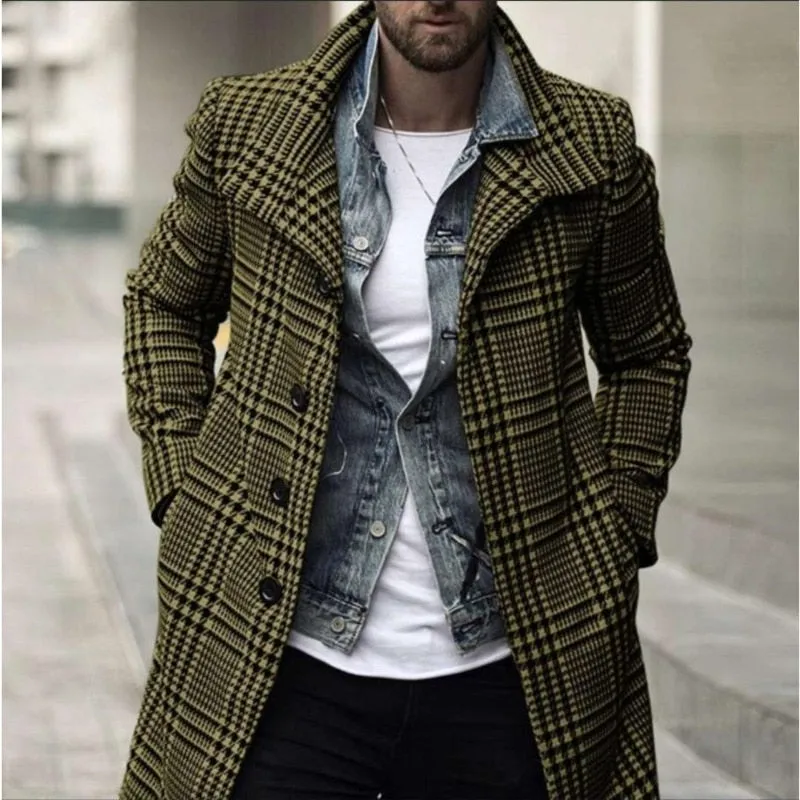 Foesce -Autumn Men's Fashion Plaid Windbreaker Casual Streetwear Overcoat Gentleman Luxury Trench Long Coat Manteau