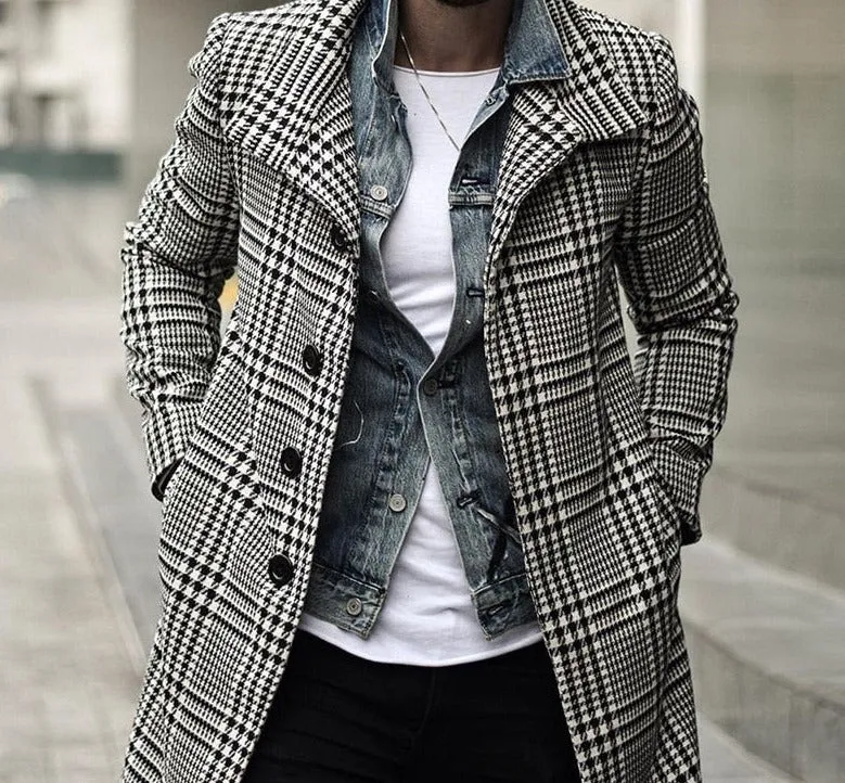 Foesce -Autumn Men's Fashion Plaid Windbreaker Casual Streetwear Overcoat Gentleman Luxury Trench Long Coat Manteau