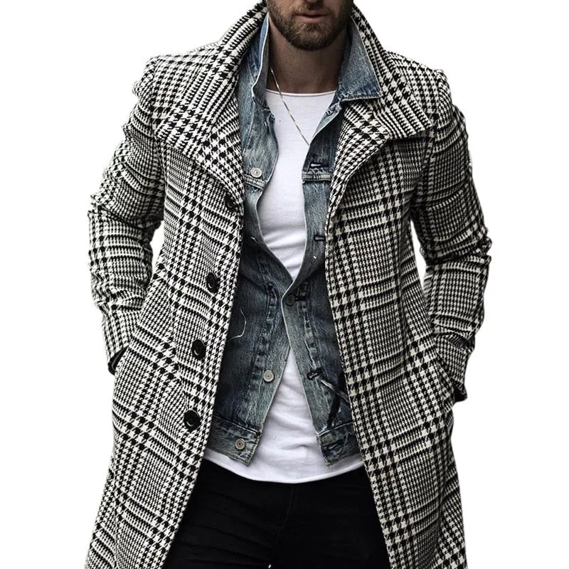 Foesce -Autumn Men's Fashion Plaid Windbreaker Casual Streetwear Overcoat Gentleman Luxury Trench Long Coat Manteau