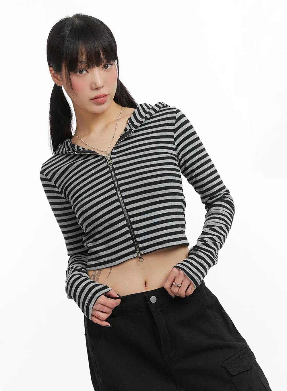 Grunge Slim Fit Stripe Crop Zip-Up Hoodie IJ410