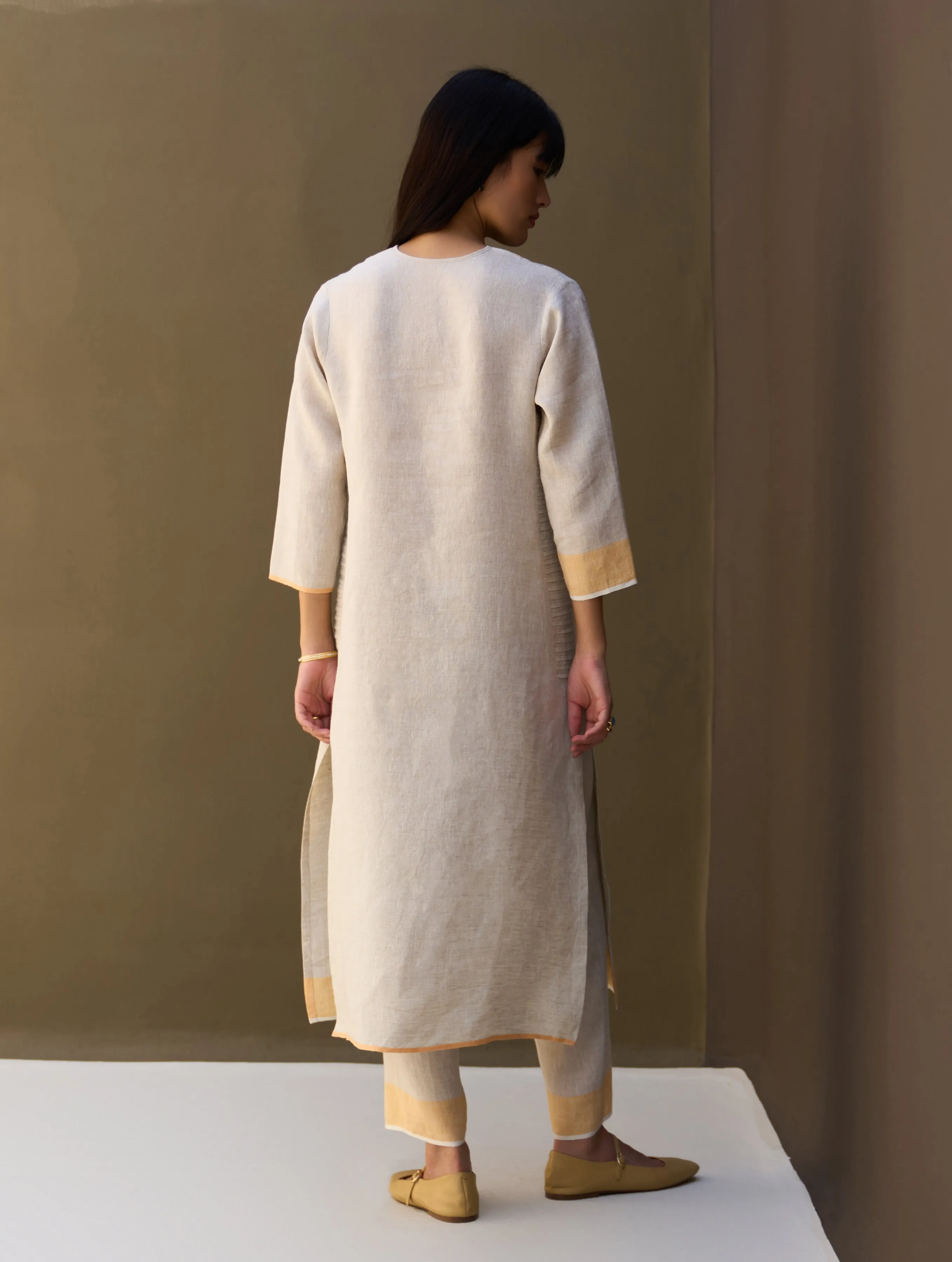 June Border Linen Kurta Set - Natural